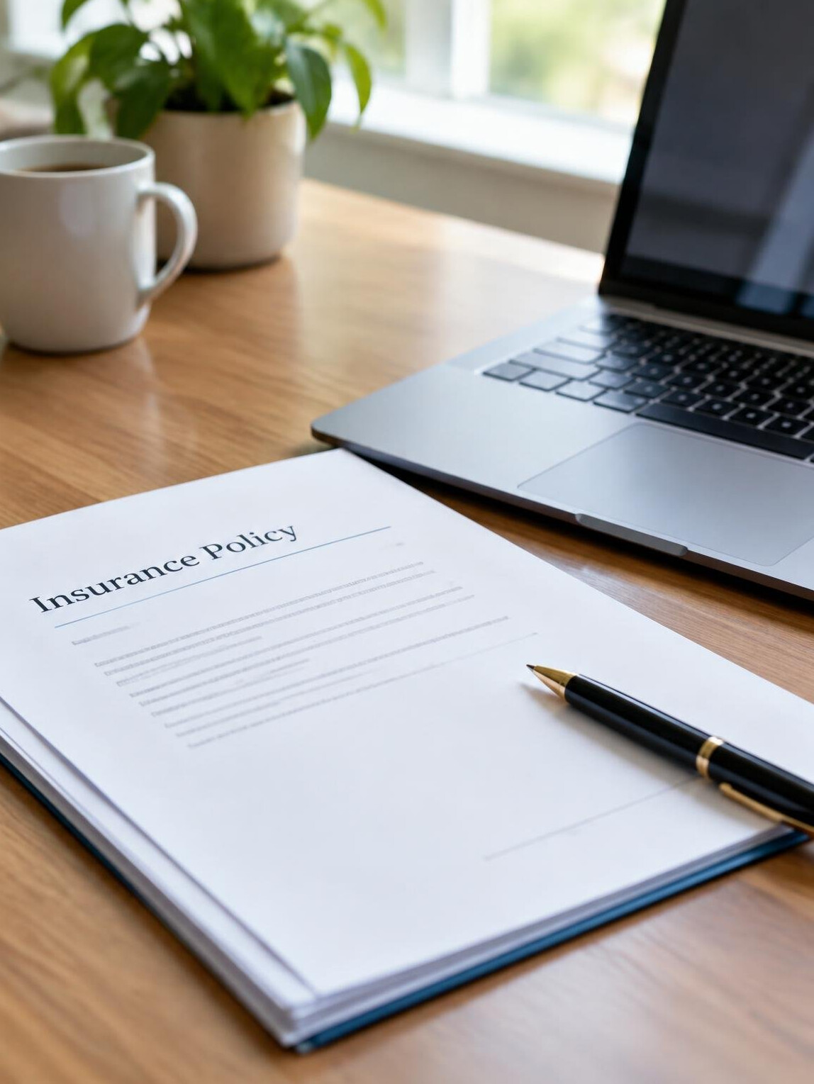 Insurance policy documents and a pen on a desk with a laptop