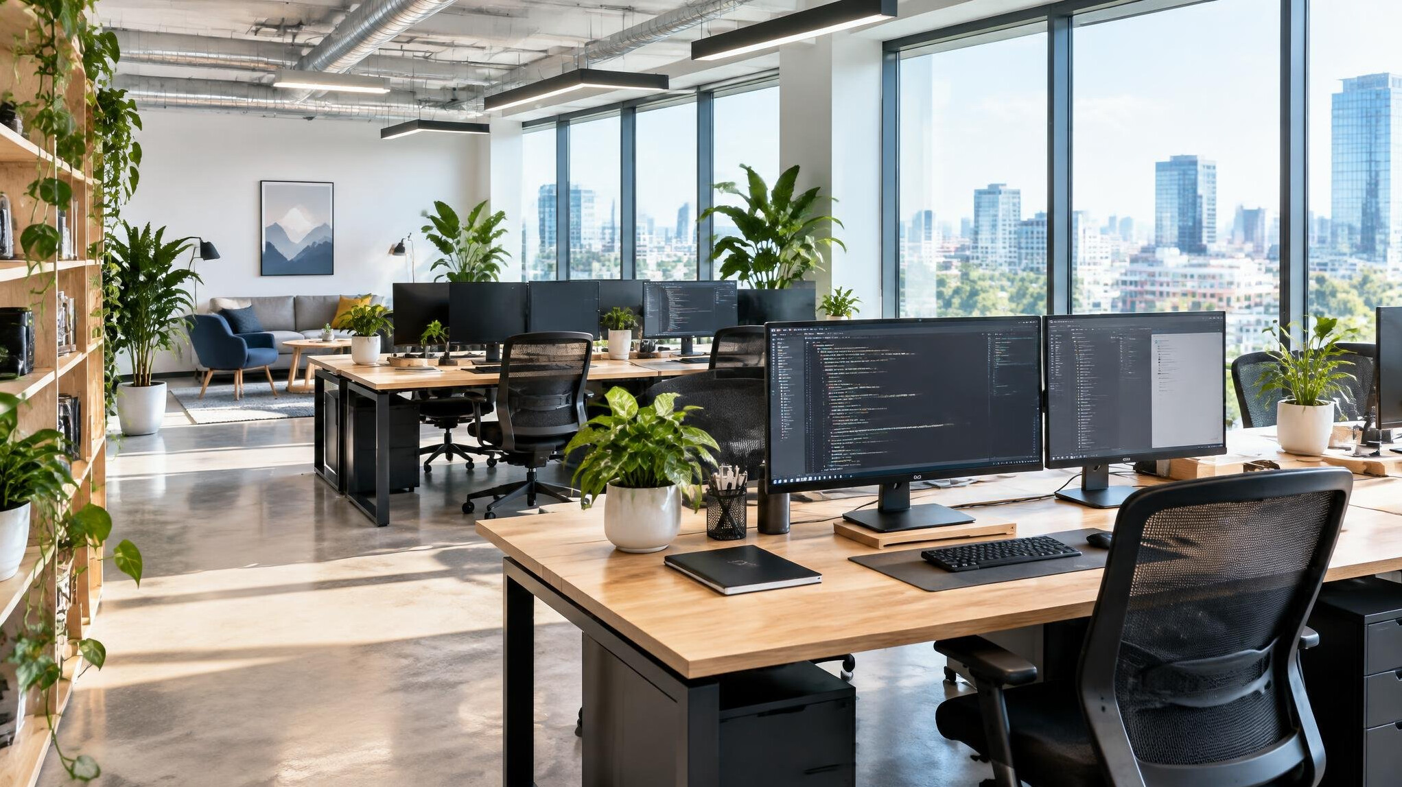 Bright modern office interior with desks and large windows